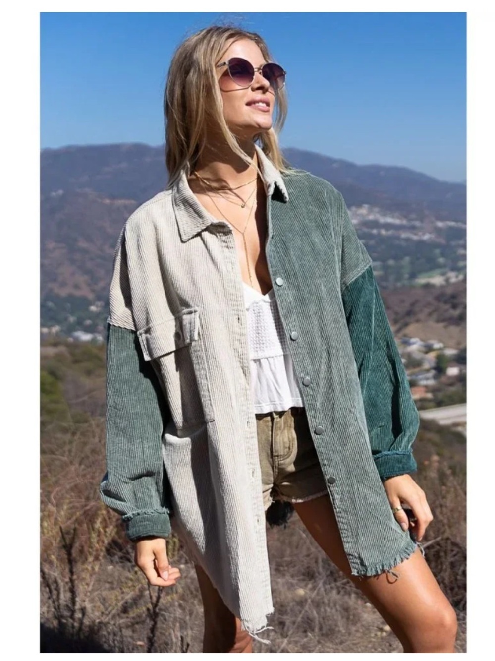 POL Colorblock Corduroy Oversized Shacket Sage Jade Cream Boho Large - Picture 4 of 9